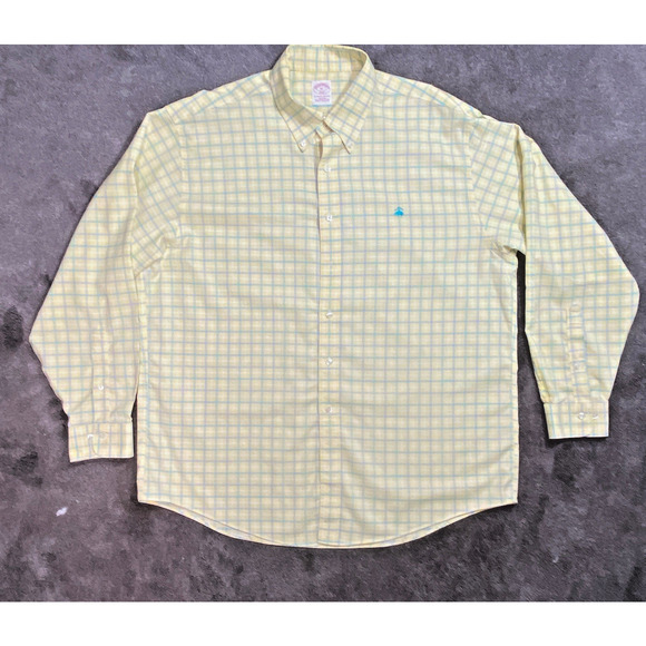 Brooks Brothers 346 Men XL Yellow Torquoise Plaid 100% Cotton Button Down Shirt - Picture 2 of 11